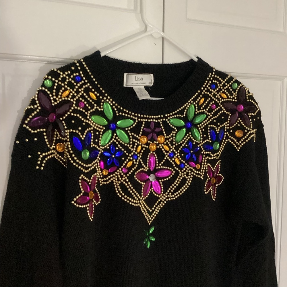VTG 80s Lisa Black Bejeweled Colorful Beaded Chunky Sequin Sweater Black  M - Picture 3 of 5